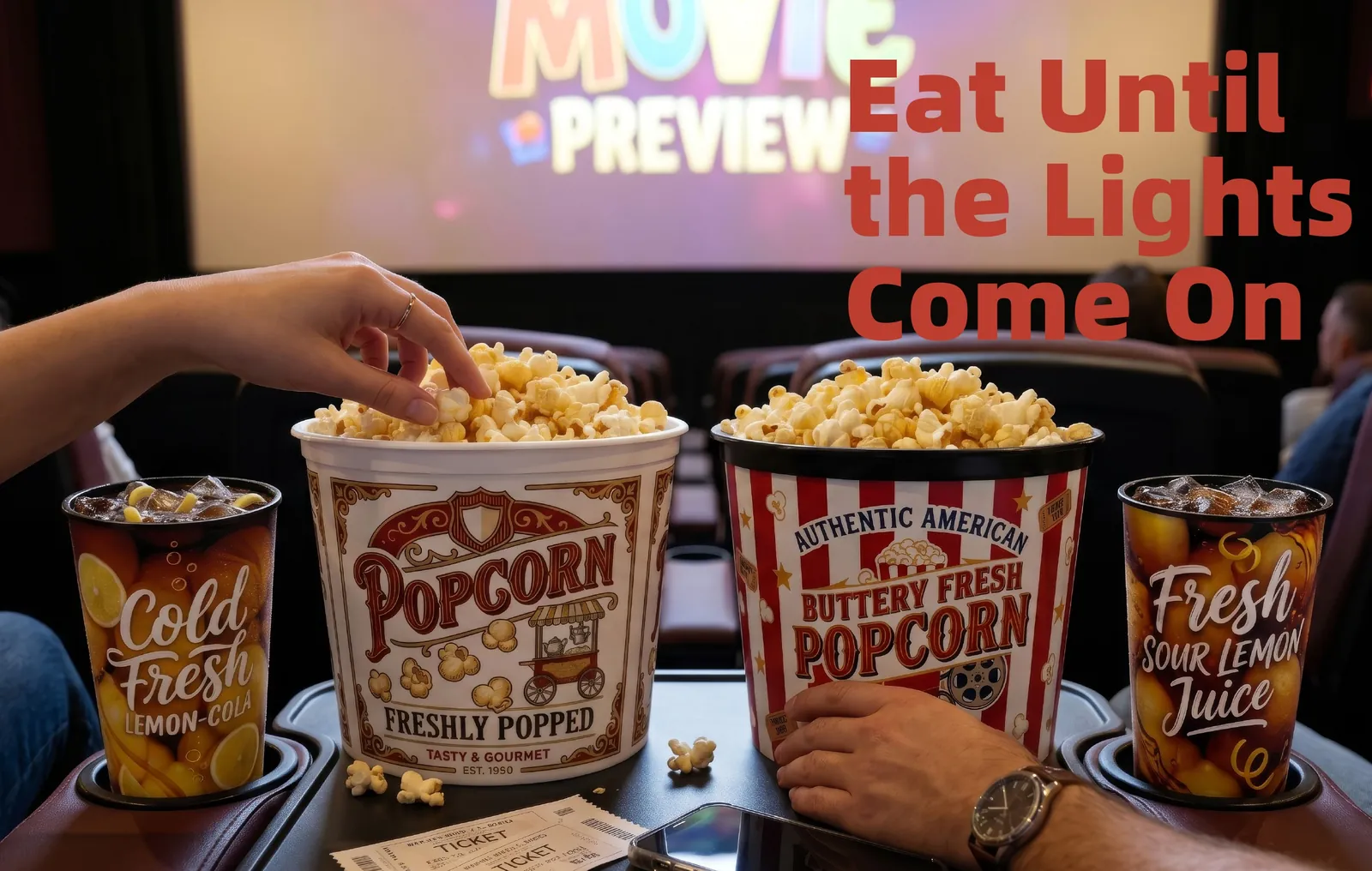 Popcorn buckets and printed drink cups in a cinema
