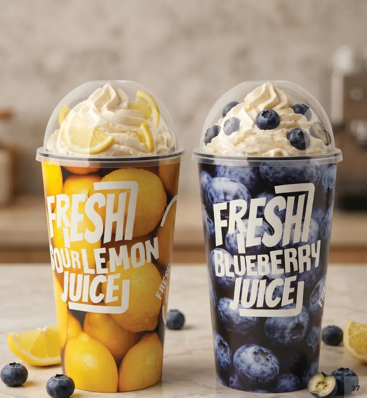 Printed juice cups with arched lids